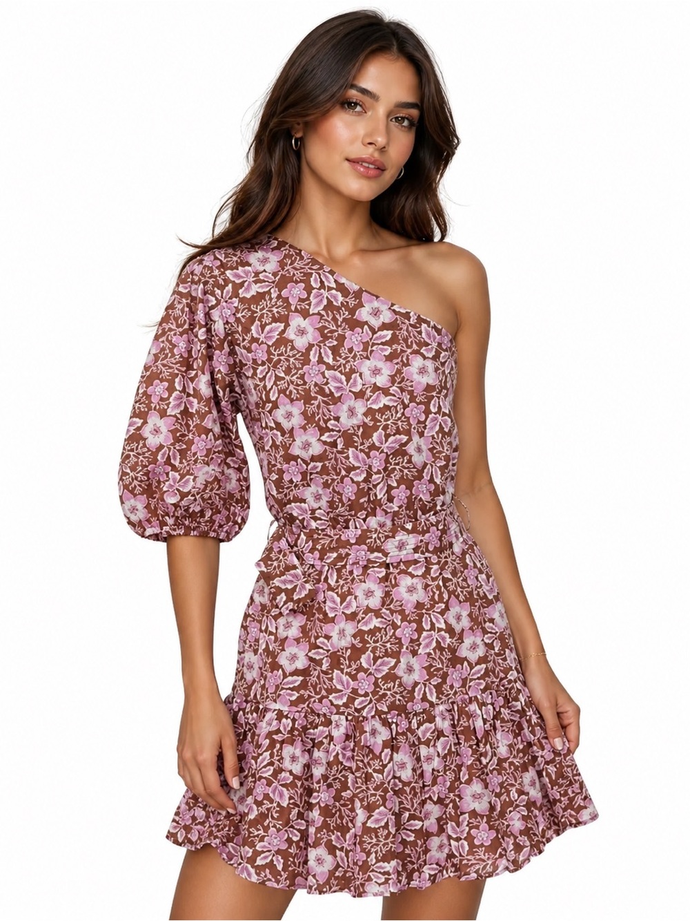 Jason Wu One-Shoulder Brown Dress with Pink Floral Print